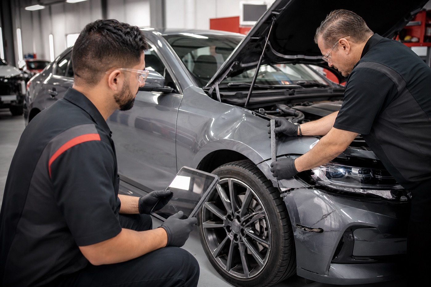 Technicians performing a detailed collision inspection