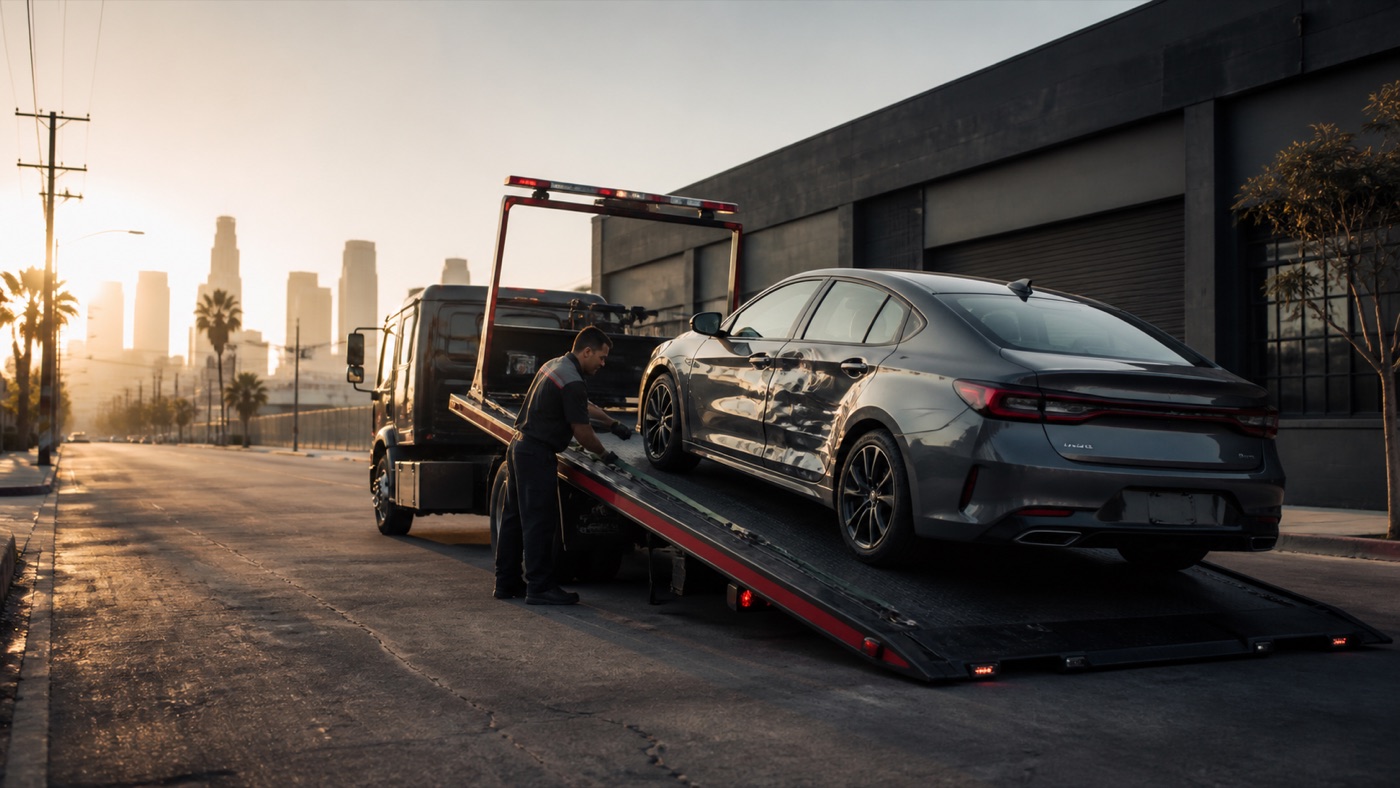 Damaged vehicle being loaded onto a flatbed tow truck